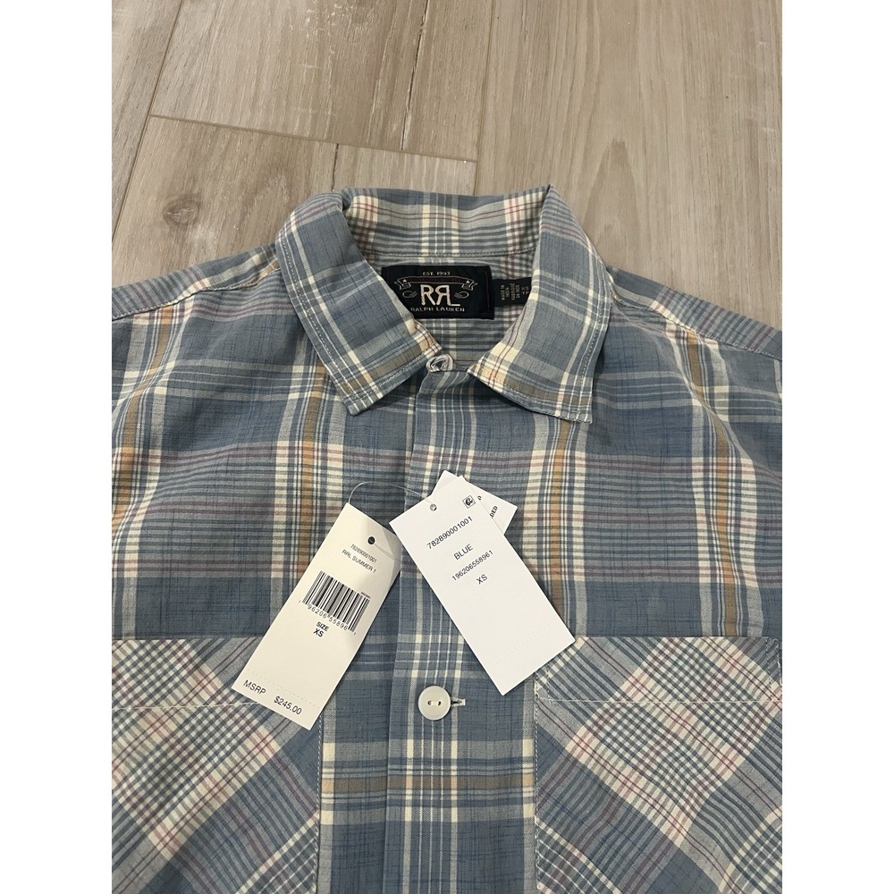RRL by Ralph Lauren Madras Camp Shirt Light Blue XS - Picture 2 of 6